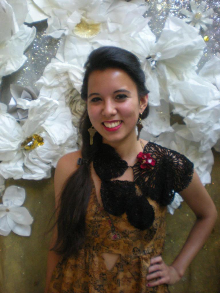 My sister is wearing a dress given to her by Audrey in Spring 2012. She wore it to the Textiles & Clothing end of the year reception where she got awards for her undergraduate research and accomplishments in textile science. She really liked the inverted triangle because it is an interesting design detail. Nidia was also excited to add her hand-made crochet accessory to contribute her own creativity to the outfit—June 2012