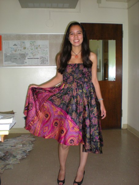 This was one of the first dresses my sister bought from Audrey in Spring 2009. She loved the purple/ pink color combination and the dynamism of the dress that was reflected in the fluid movement and design. She was excited to wear it to a special Fraternity event—May 2009