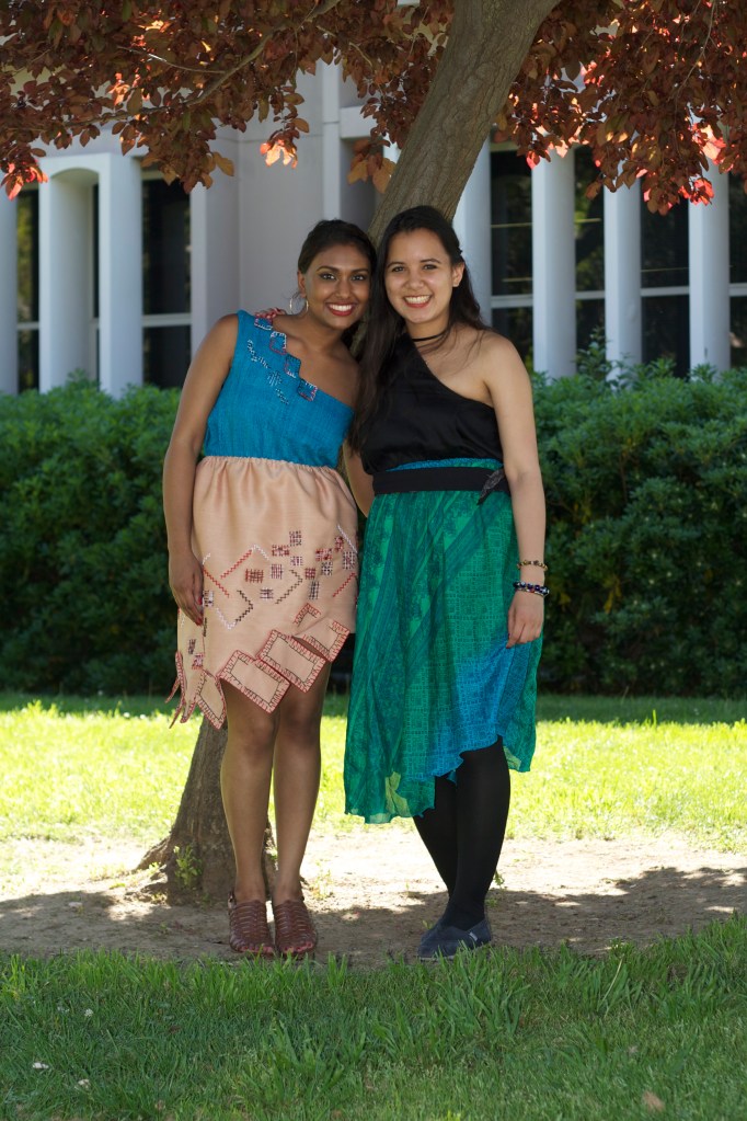 Audrey’s work was extremely influential in developing my interest in sustainable fashion design. This is one of my favorite photos because I am wearing one of Audrey’s dresses alongside my own zero-waste designs from my collection. I am also with a great friend who was also my model, Jessica Dutt—April 2012