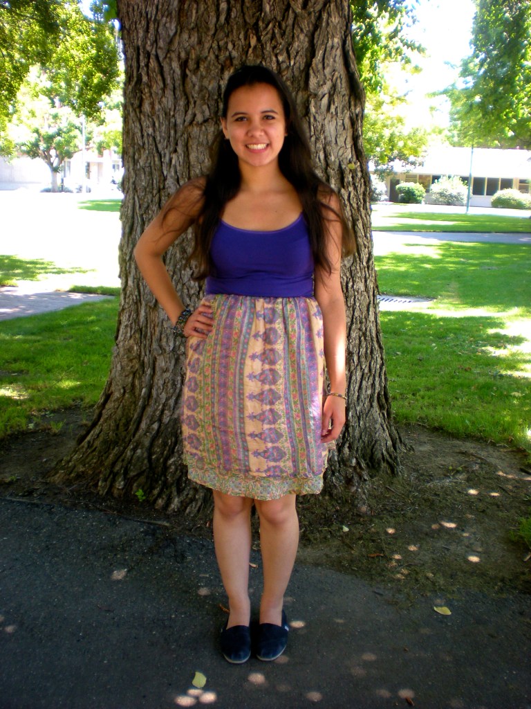 I also turned one of Audrey’s dresses into a skirt by folding the top section down. The skirt is actually the lining of the original dress. The second layer was what convinced me to buy the dress because it was different from the outside and I loved the patterning. Wearing this dress at this time was special to me because later in the day I was sitting on a bench and saw my soon to be boyfriend, David, riding his bike and he stopped to talk to me. It was the second time we saw each other and I remember feeling nervous about my outfit. Since it was silk, I was sitting, and it was hot, I thought my skirt would be very wrinkled. But he complimented it and I stopped worrying about the wrinkles—July 2011