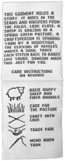 Care label desigend to emphasize a garment's connection to animals, their fibers, and welfare on the farm