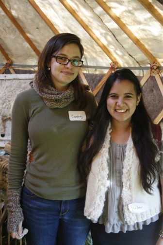 Me with Courtney, Fibershed fiber artisan. She is wearing the first Fibershed scarf she made, and I am wearing a vest made by artisan Marlie de Swart, 2013; Photo courtesy David Arellanes
