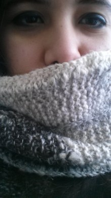 Hand-spun scarf made of fleeces from NY sheep and alpaca; Feb 2014